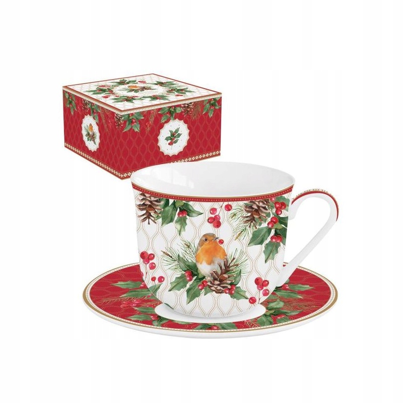 Velká Porcelánová šálek s podšálkem Rudzik a cesmína Zimní 400 ml