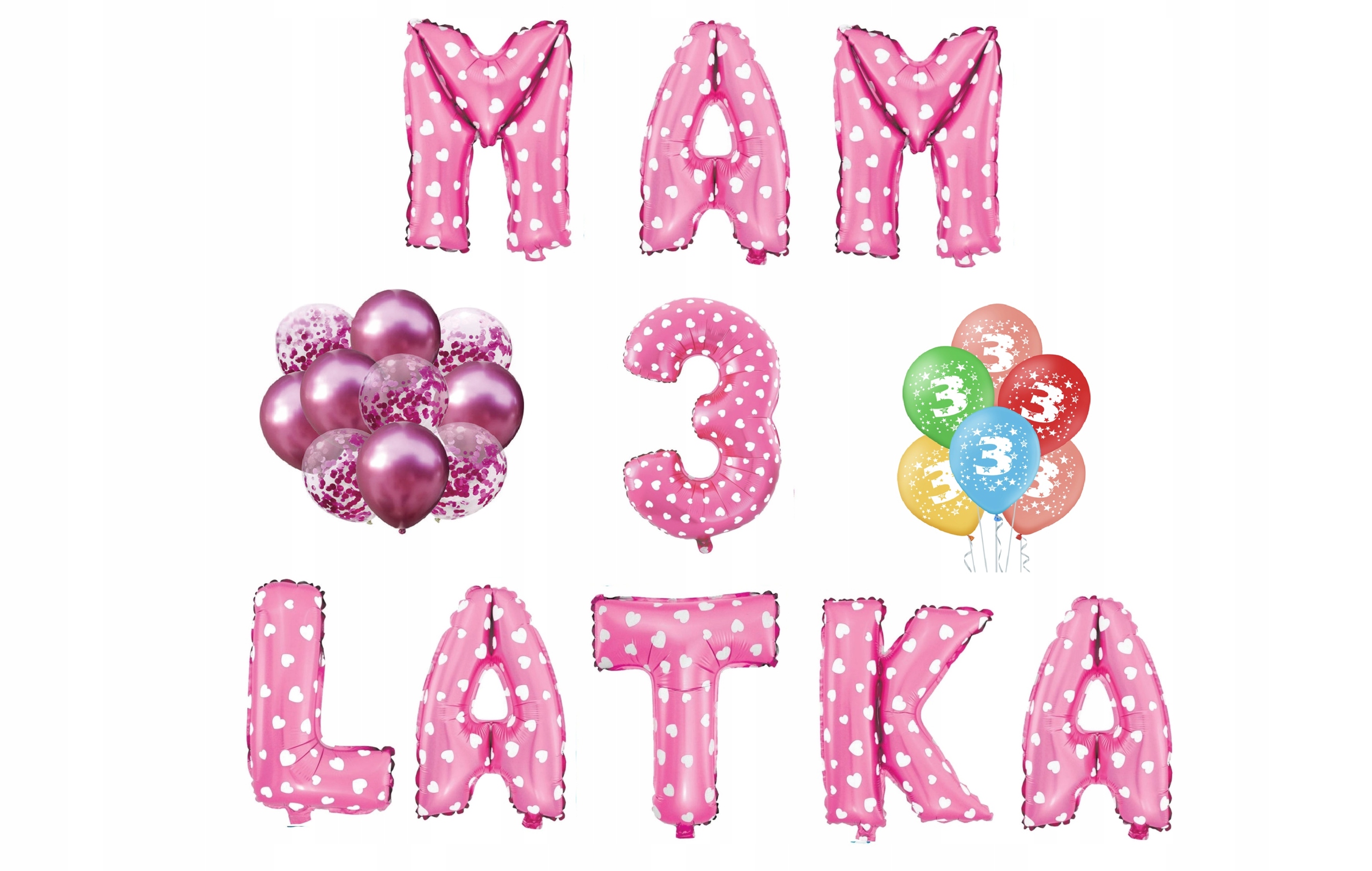 

Zestaw urodzinowy Mam 3 Latka różowe balony