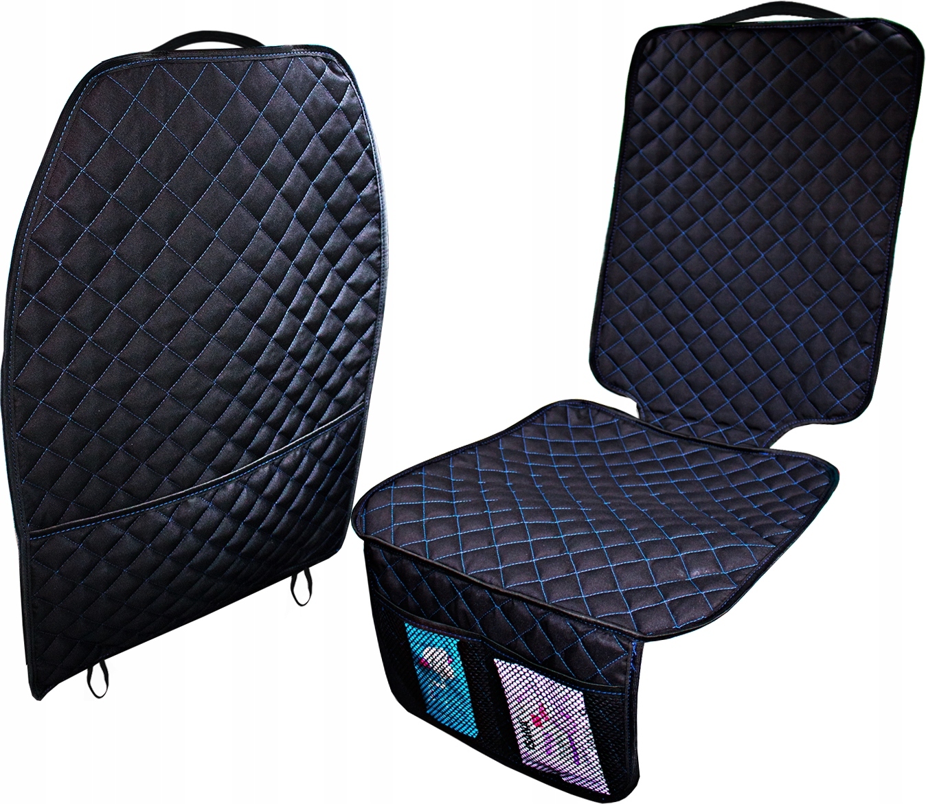 ZESTAW MATA POD FOTELIK + OSŁONA FOTELA PIKOWANE NIEBIESKA NIĆ