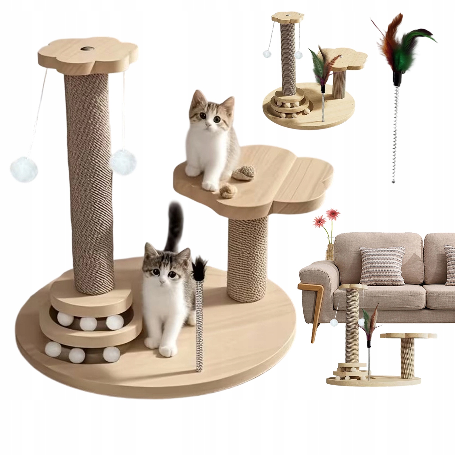 Levně Hračka Pro Kočky Interaktivní Se 2 Sisalovými Sloupky A Dřevěnou Základnou