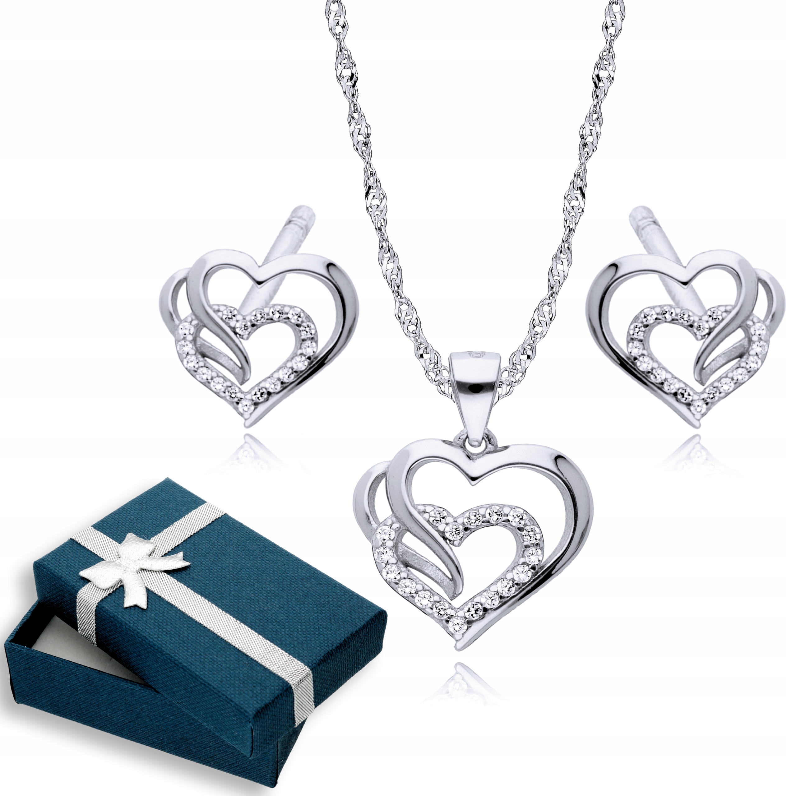 

Srebrny Łańcuszek 925 Serce Kolczyki Komplet