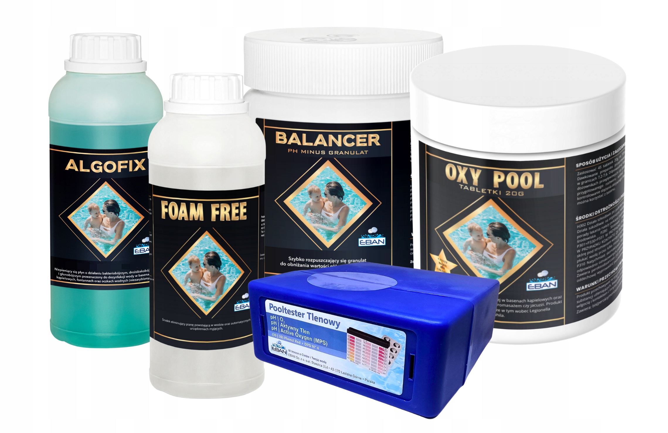ZESTAW STARTOWY TLENOWY 5w1 CHEMIA DO BASENU AKTYWNY TLEN PH ALGOFIX TESTER