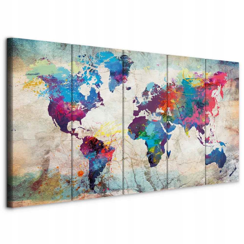 Obraz Triptyk 5 Dílů Na Plátně Mapa Světa Barevná Do Obývacího Pokoje XXL 200x80