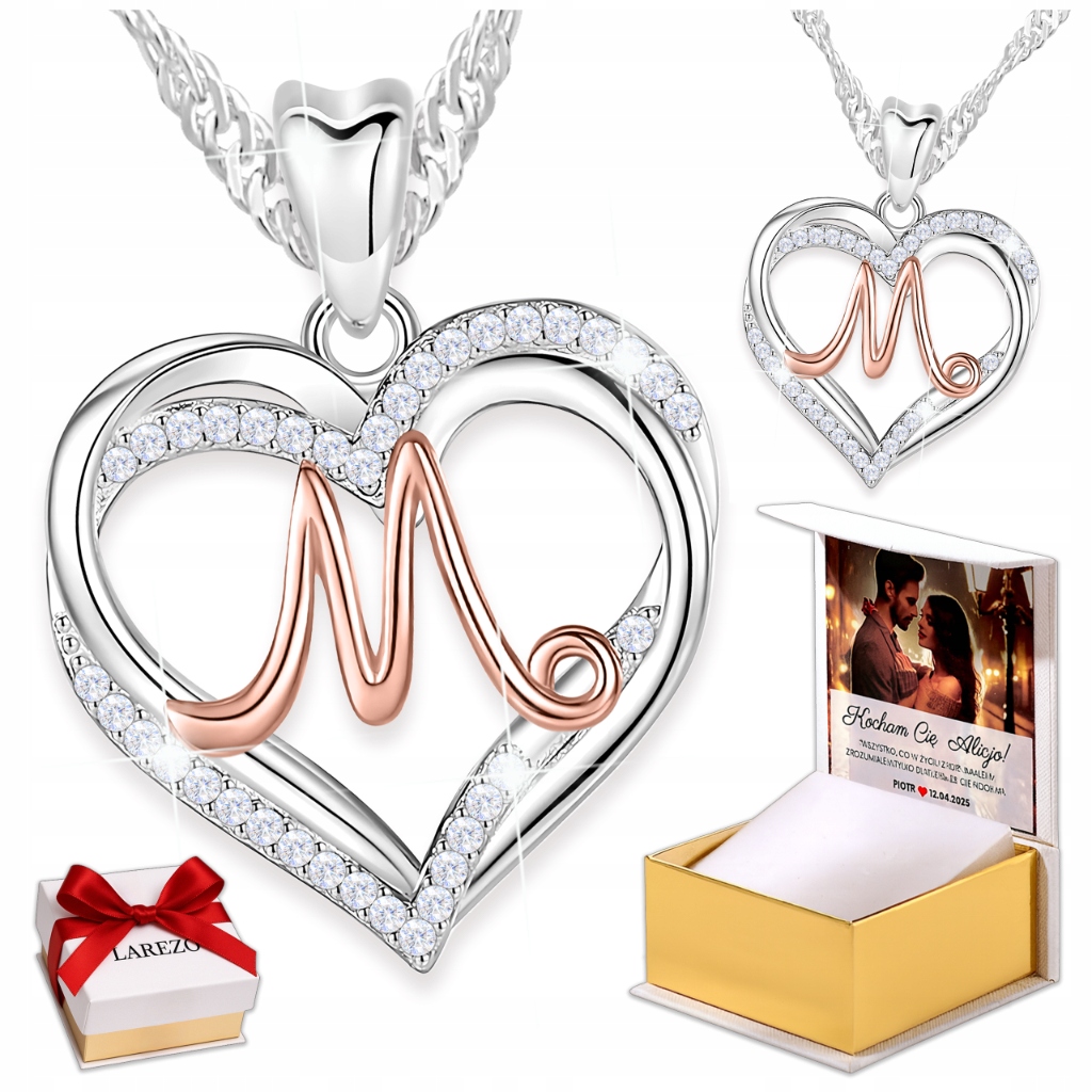 Naszyjnik Srebrny 925 Serce z Literką Literą M Serduszko Cyrkonie Nadruk
