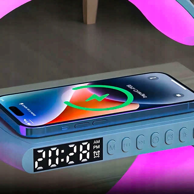 LAMPKA WIELOFUNKCYJNA SMART LED RGB ŁADOWARKA GŁOŚNIK RADIO FM BUDZIK ZEGAR Szerokość produktu 22 cm