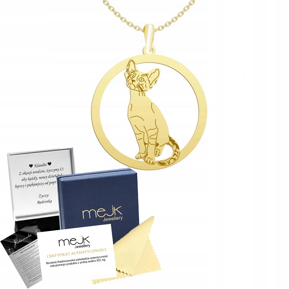 Zlatý náhrdelník s siamskou kočkou 925 Řetízek Žena Dárek Gravírování