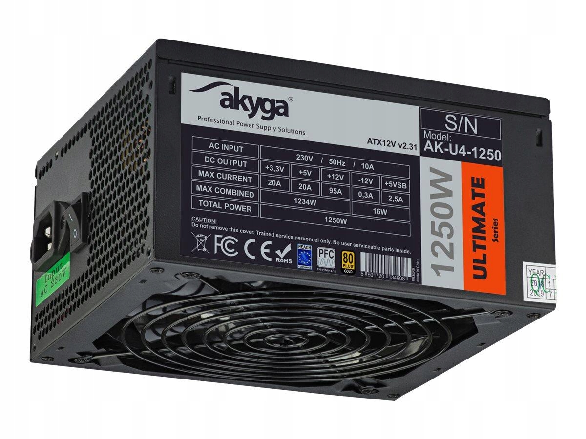 Akyga Zasilacz Atx 1250W AK-U4-1250 P4+4 12x Pci-e 6+2 pin 8x Sata Apfc 80+