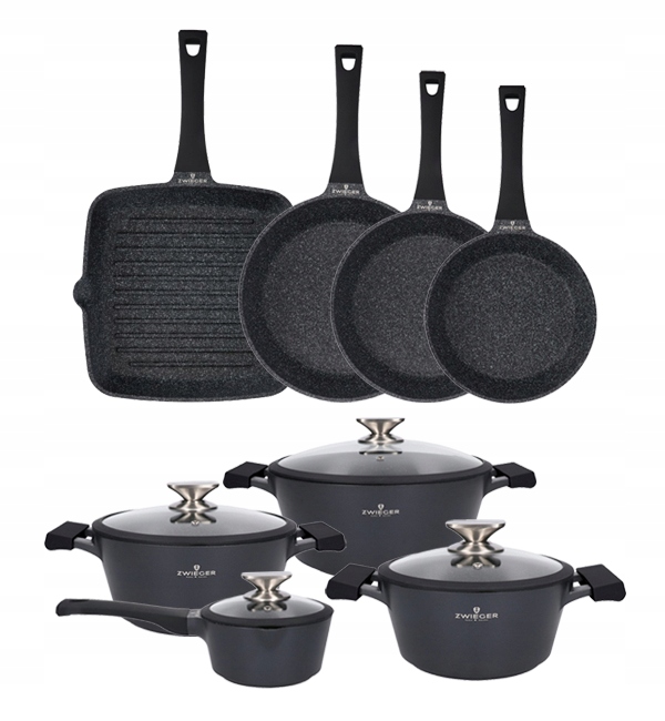Zwieger Black Stone Kpl 3 Garnków +pokrywki +3 Patelnie +rondel +grillowa