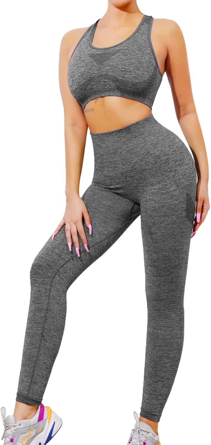 Damski zestaw sportowy biustonosz bez fiszbin legginsy 2 szt. S-m szary