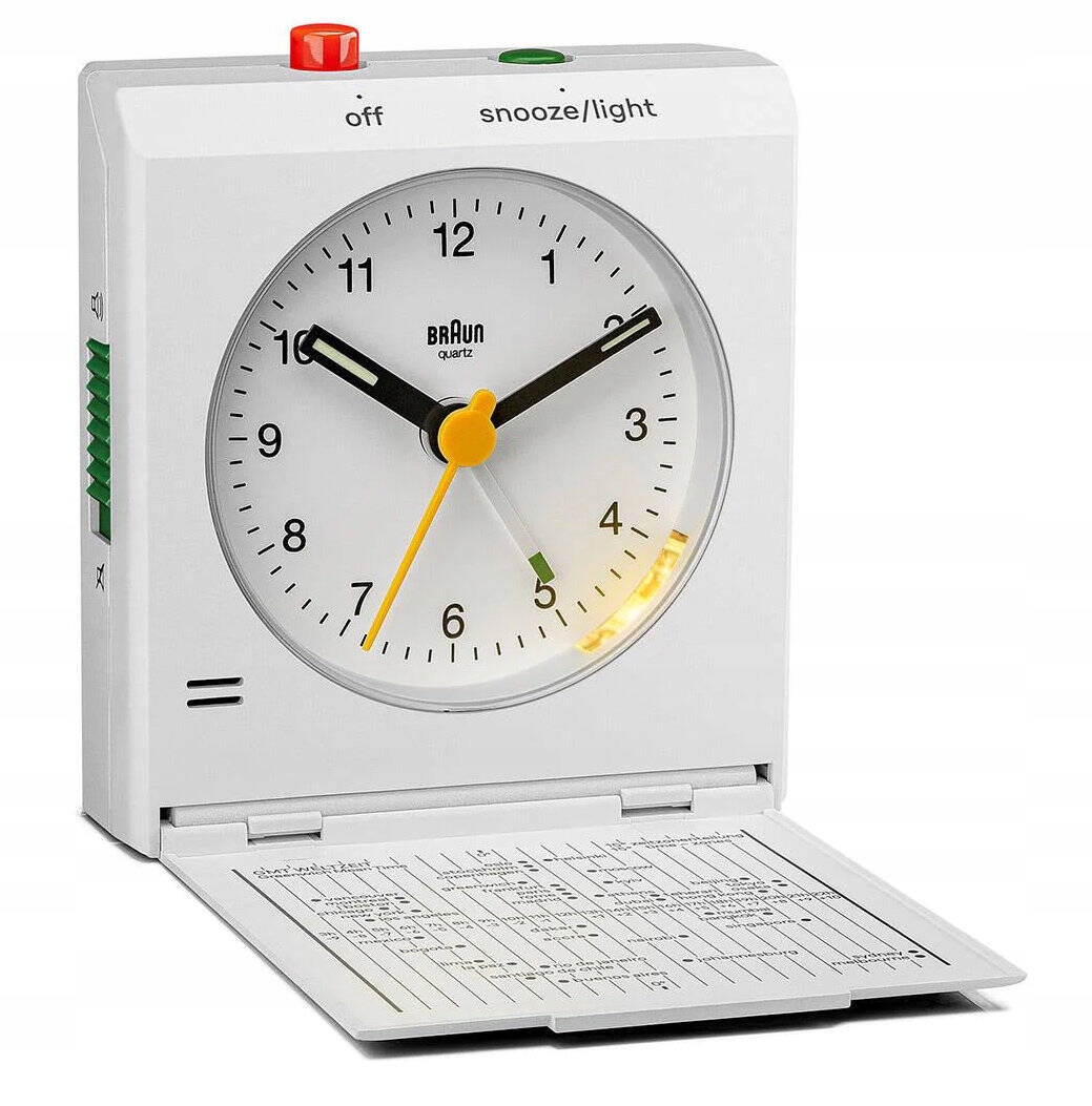 Bílý Skládací Cestovní Budík Braun BC05W Alarm Zdřímnutí Časové Pásmo