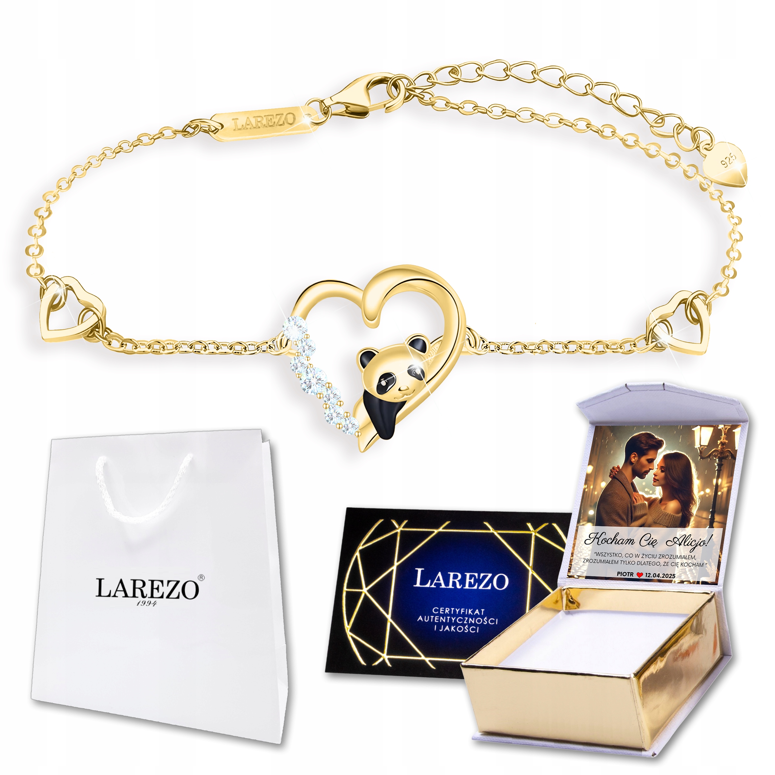 Zlatý náramek 925 Srdce s zirkony Panda Srdíčko Křišťály Potisk