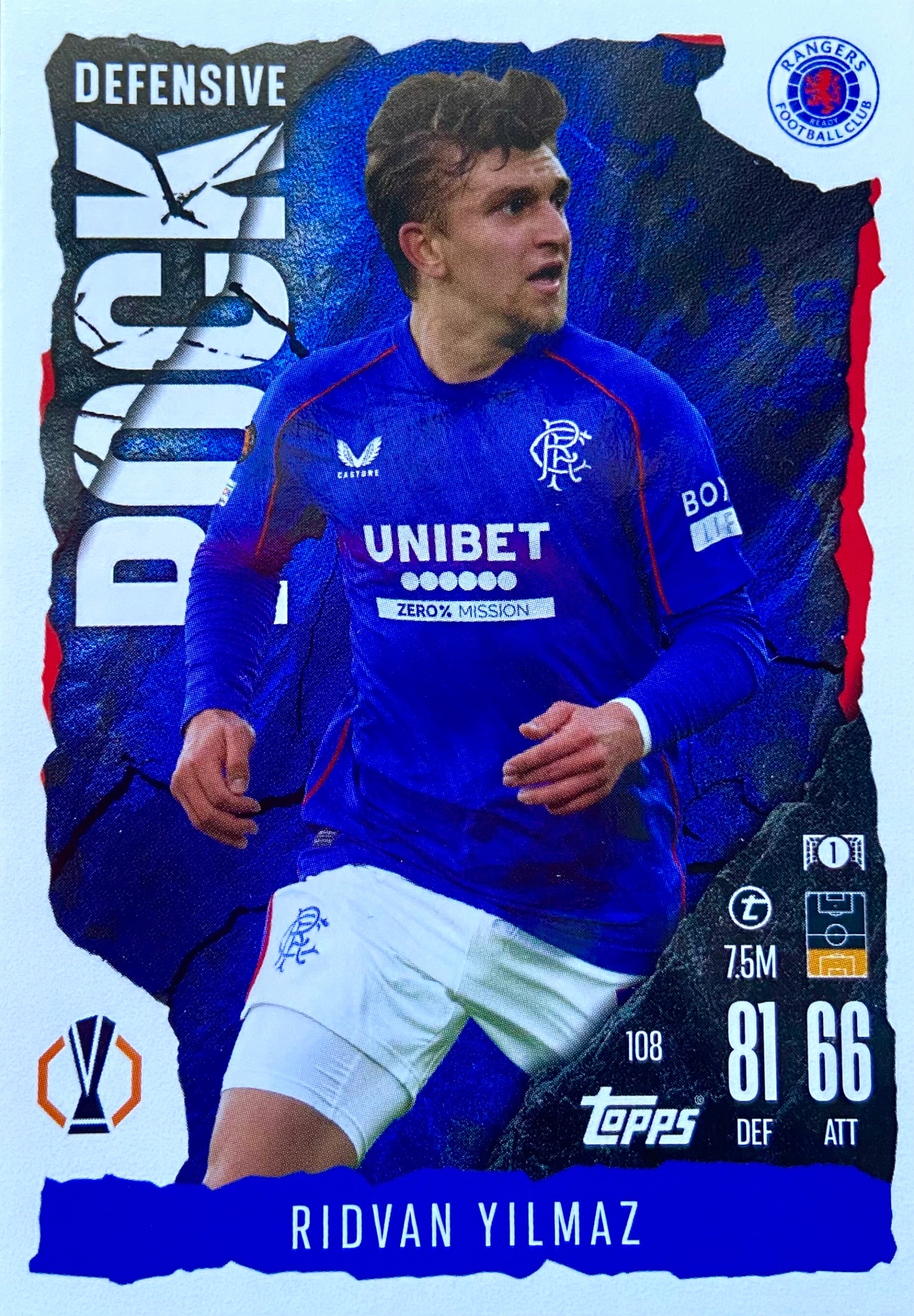 Match Attax Extra 2024/25 2025 Defensive Rock 108 Ridvan Yilmaz Rangers Fc