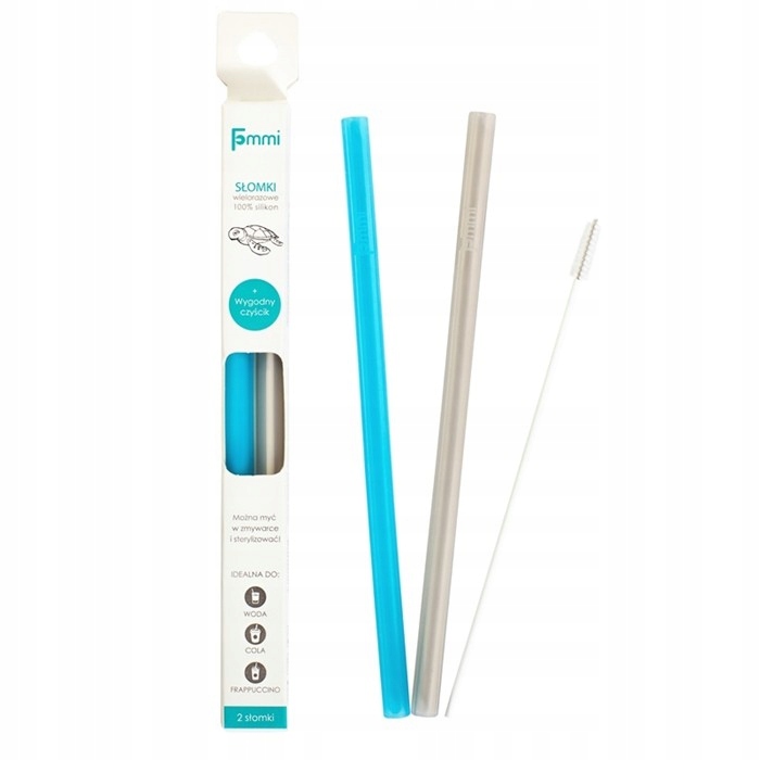 FOMMI - EKOLOGICZNE WIELORAZOWE SŁOMKI SILIKONOWE Z CZYŚCIKIEM GREY/BLUE