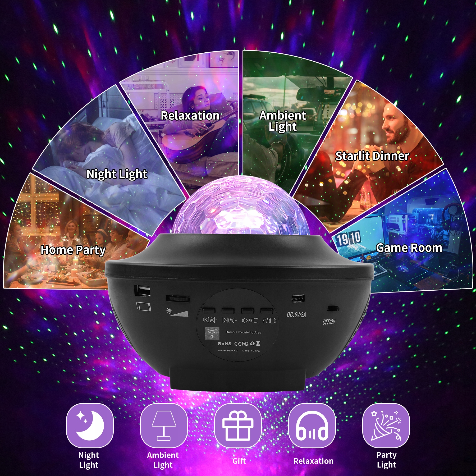 Lampka projektor Asato Projektor Gwiazd Led czarny Kolor dominujący czarny