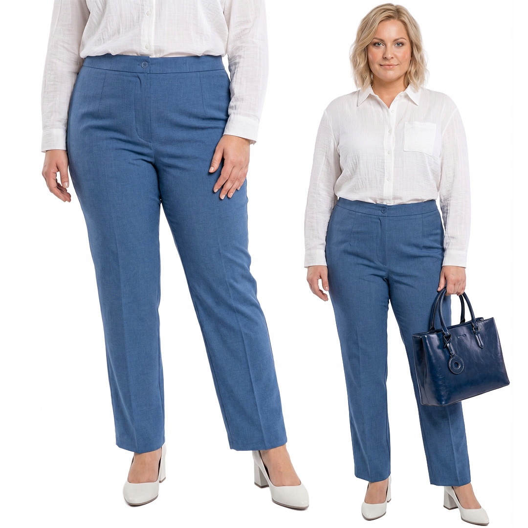 Modré lněné kalhoty v barvě plus size velikost 54