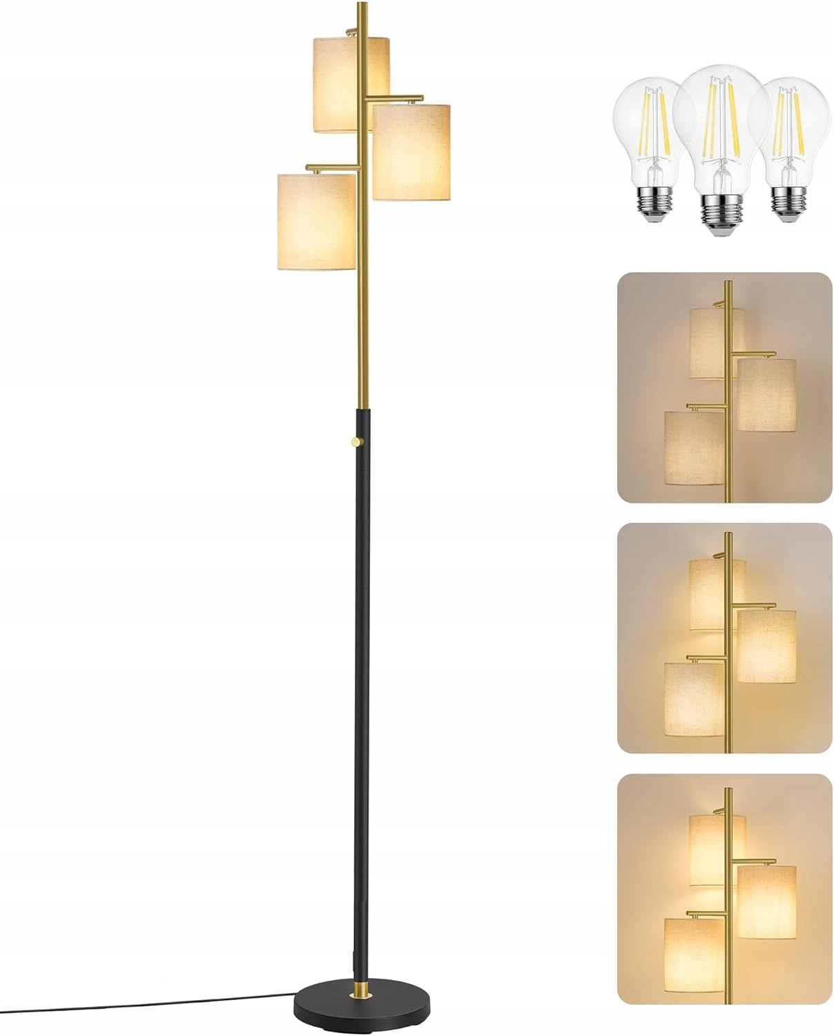 Stojacia podlahová lampa 3 tienidlá s tienidlom Moderná zlatá regulácia E27 6 W