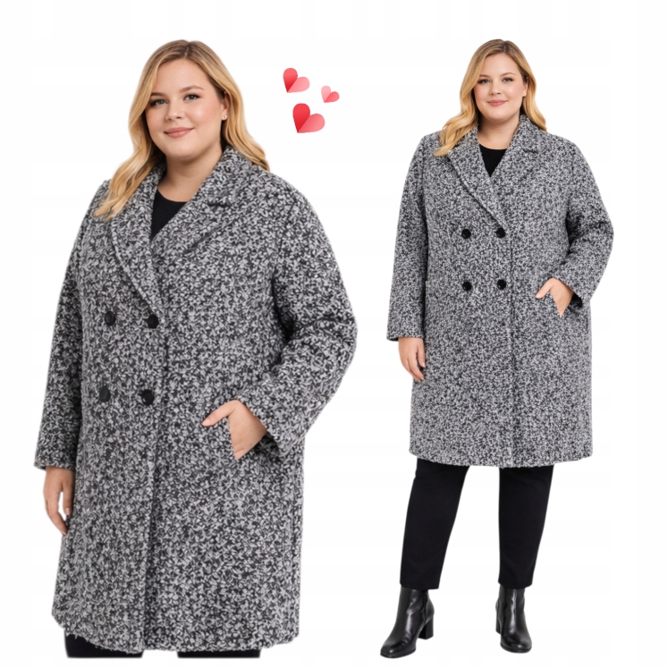 Dámský kabát bukla teddy Dvouřadý teplý s melírovaným pruhem 48 50 4XL 5XL