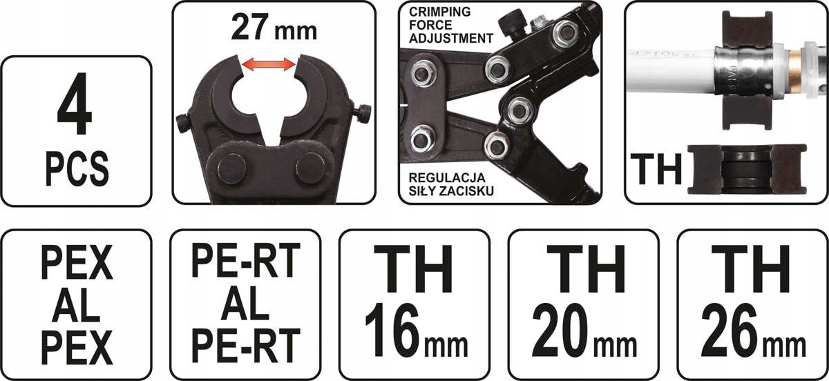 PRASKA ZACISKARKA DO RUR PEX AL PERT 3 MATRYCE TH YATO 16-26 mm YT-21750 Maksymalna średnica szczęk 27 mm