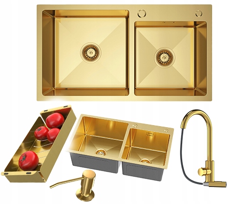 Zlatý oceľový 2-komorový drez 78x45 cm Sada batérií, dávkovač, sifón