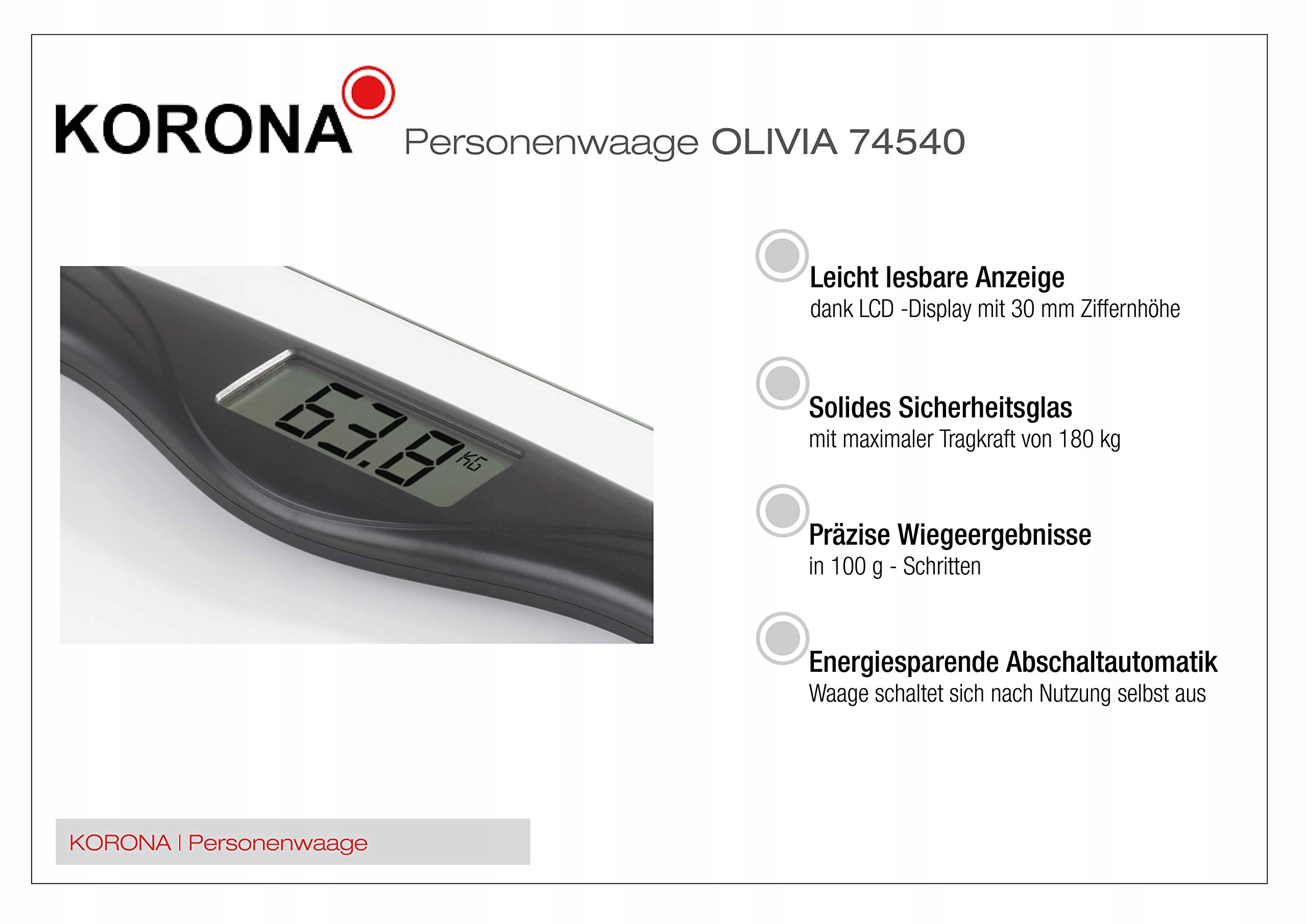 KORONA Waga Łazienkowa OLIVIA 180kg LCD Wyświetlacz Czarna — miniatura 6