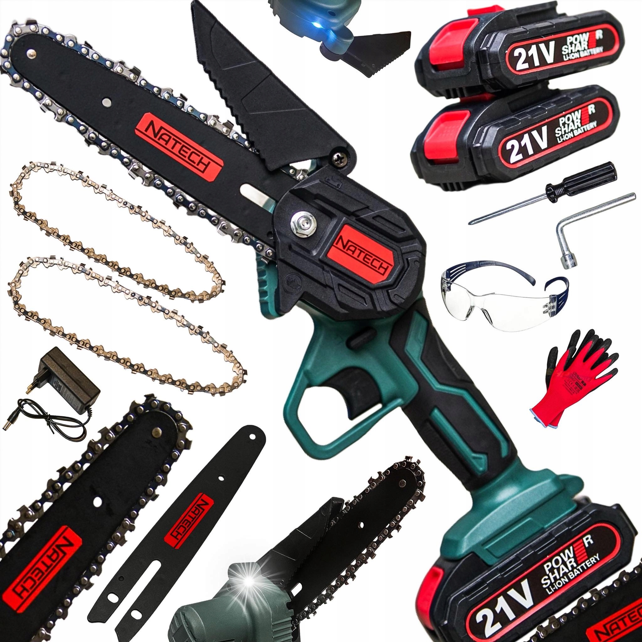Natech Piła łańcuchowa akumulatorowa 21 V 2×2,0 Ah 2× łańcuch 6″ Zestaw