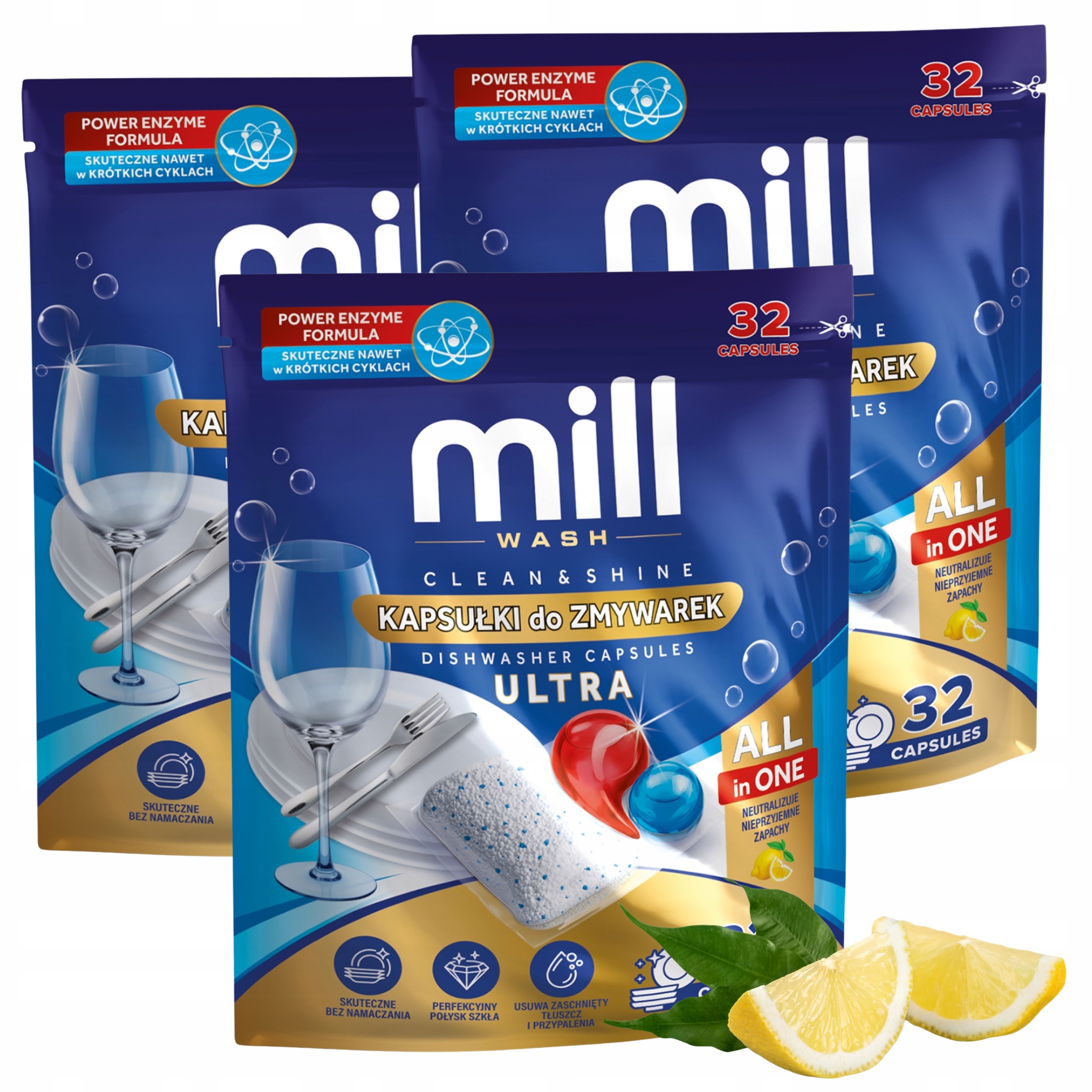 3x Mill Kapsle do myčky nádobí Citronové Ultra Clean&Shine Set Na 96 Cyklů