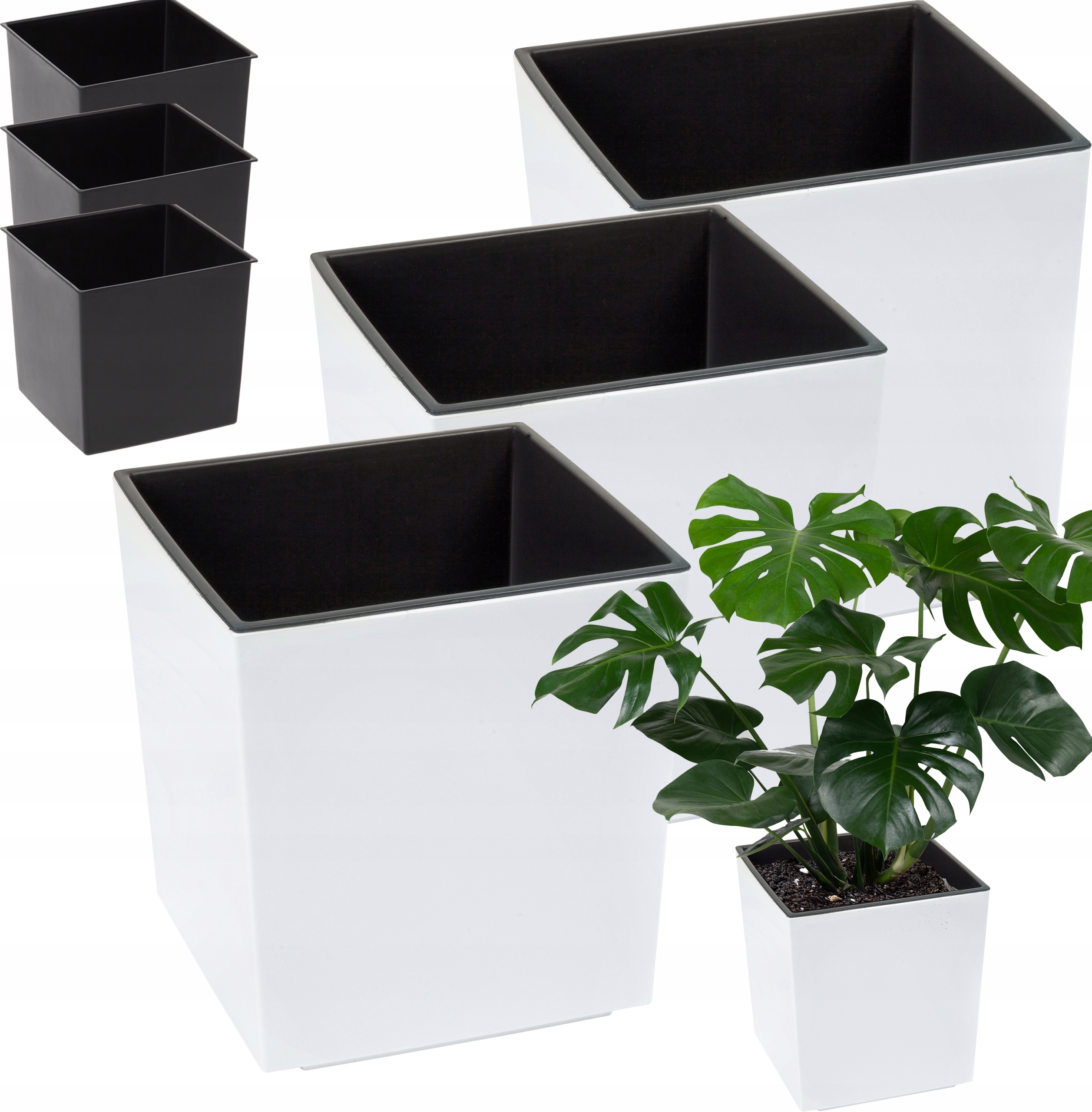 Zestaw 3x Donica Doniczka Kwietnik Misa Ogród Biały Połysk Wkłady 30x30cm