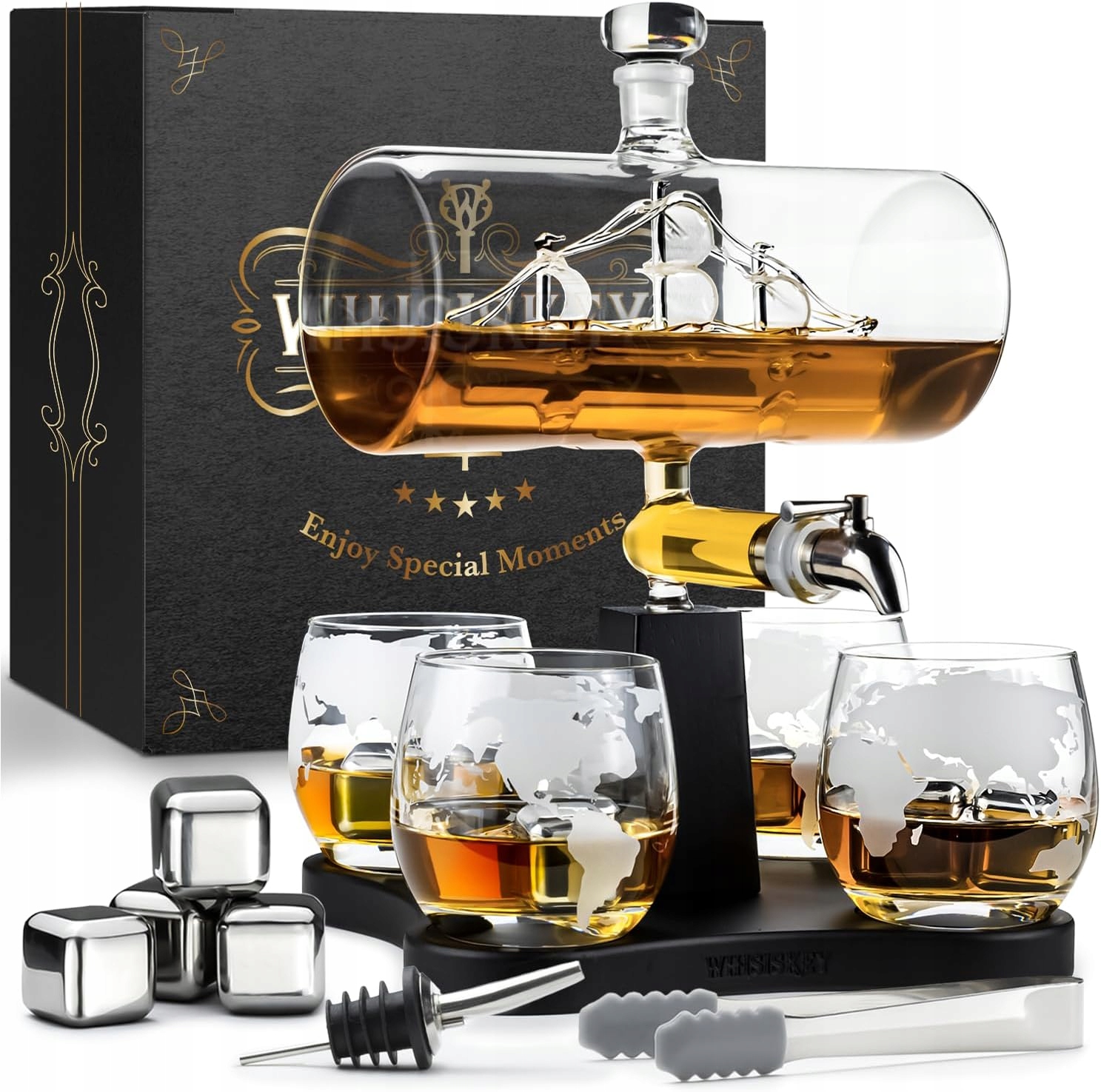 Sada Whisky Dekanter Lodní Plachta 1100ML 4 Sklenice 4 Kamínky Dárkové