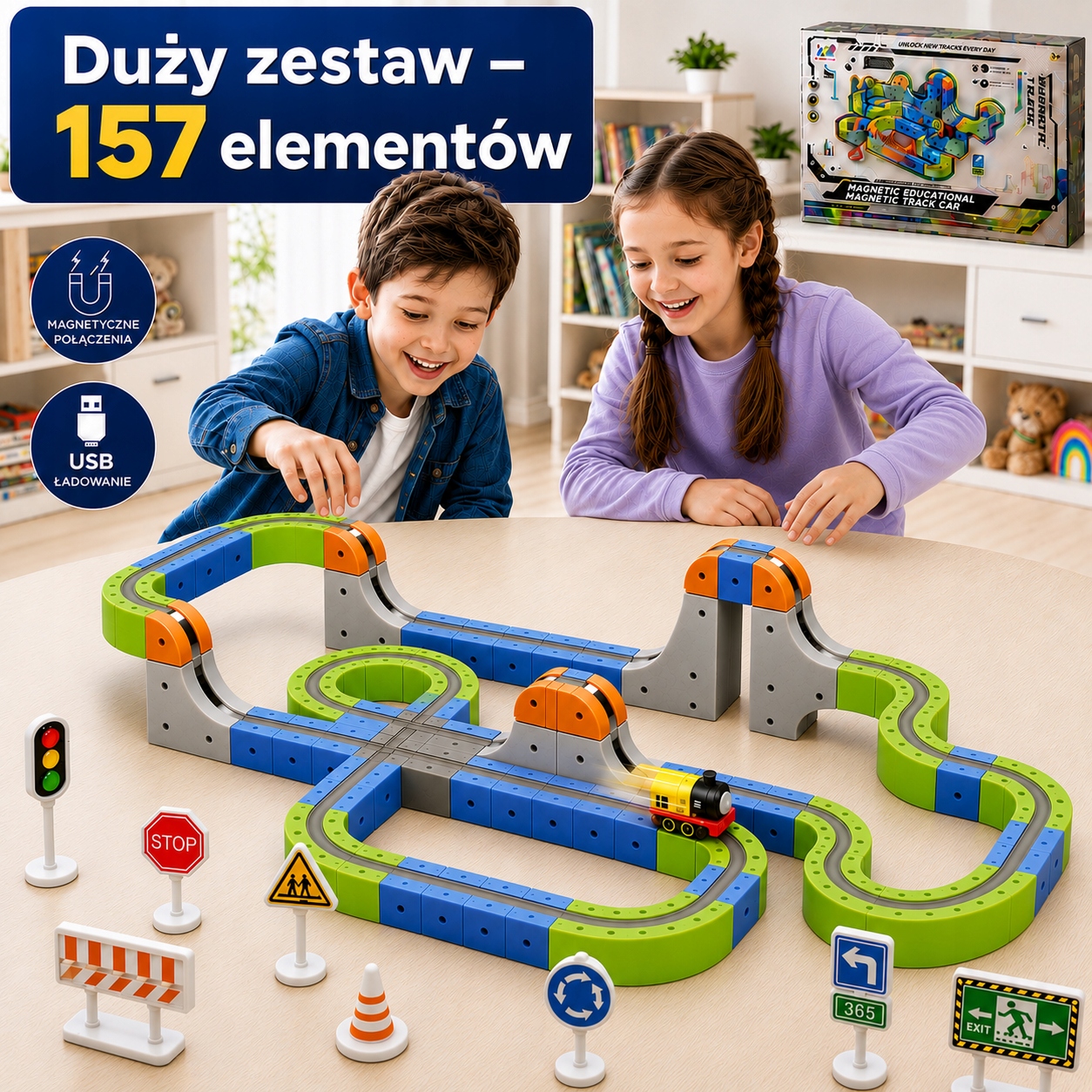 Klocki magnetyczne konstrukcyjne 157 El tor kolejka elektryczna pociąg