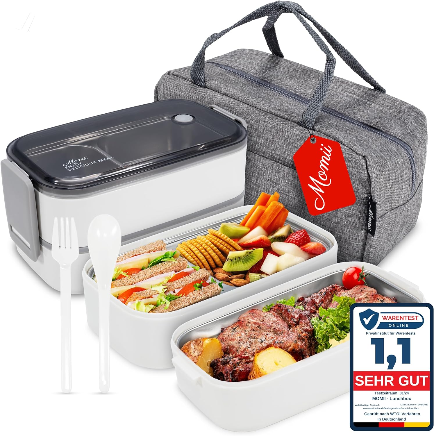 Pudełko/pojemnik na lunch, lunchbox Torba, Łyżka, Pałeczki, Momii, 1,4l