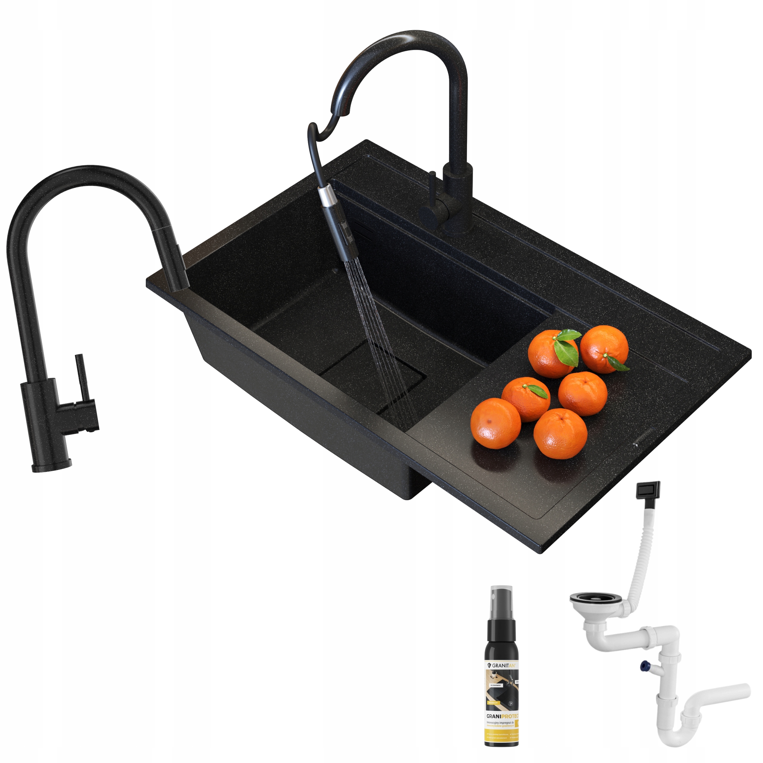 Granitový Drez Čierny Škvrnitý Rendo Kuchynská Batéria Moderný Set