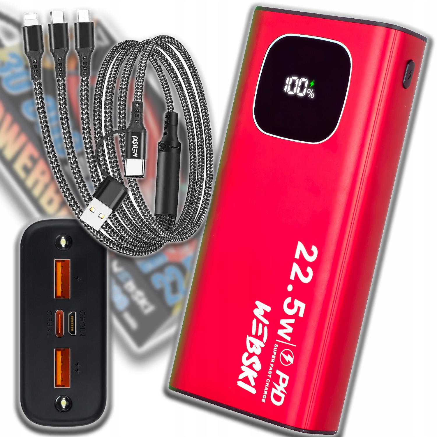 Power Banka 30 000 Mah Silná, Pevná, Velká, Prostorná, Usb Qc Pd Usb Kabel 6V1