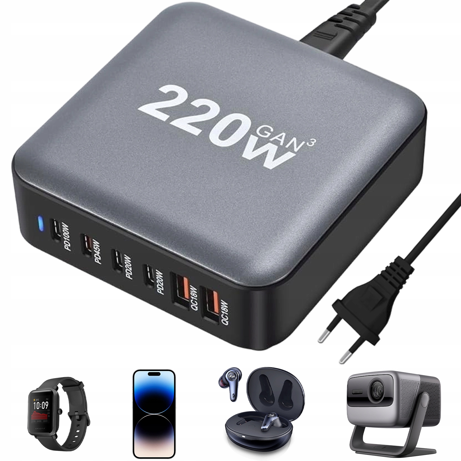 Stacja szybkiego ładowania 6w1 Usb C+usb A 220W GaN3 do telefonu i laptopa