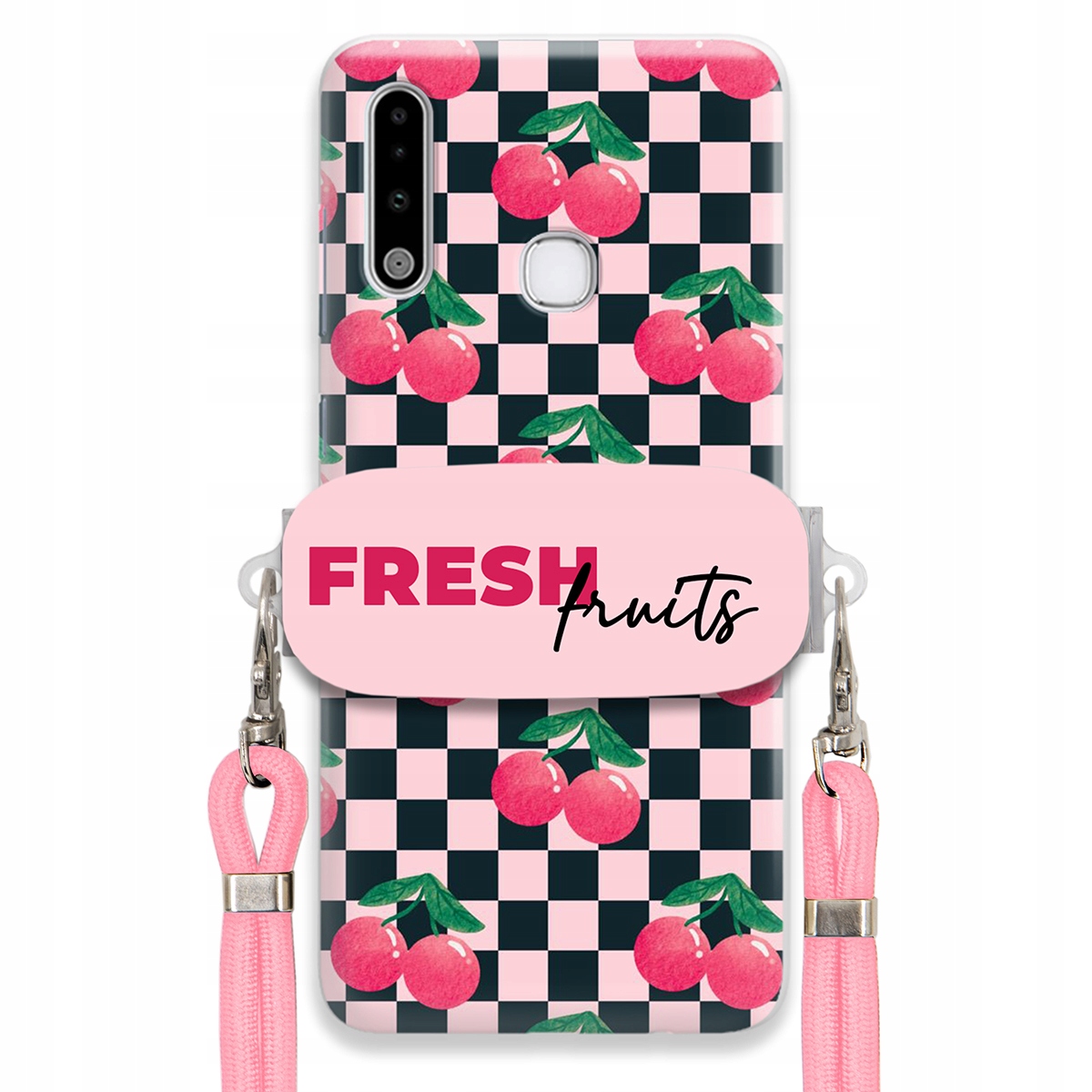 Puzdro pre Samsung A70e Vodítko Pink Crossbody Šachovnicový držiak Fresh Fruits