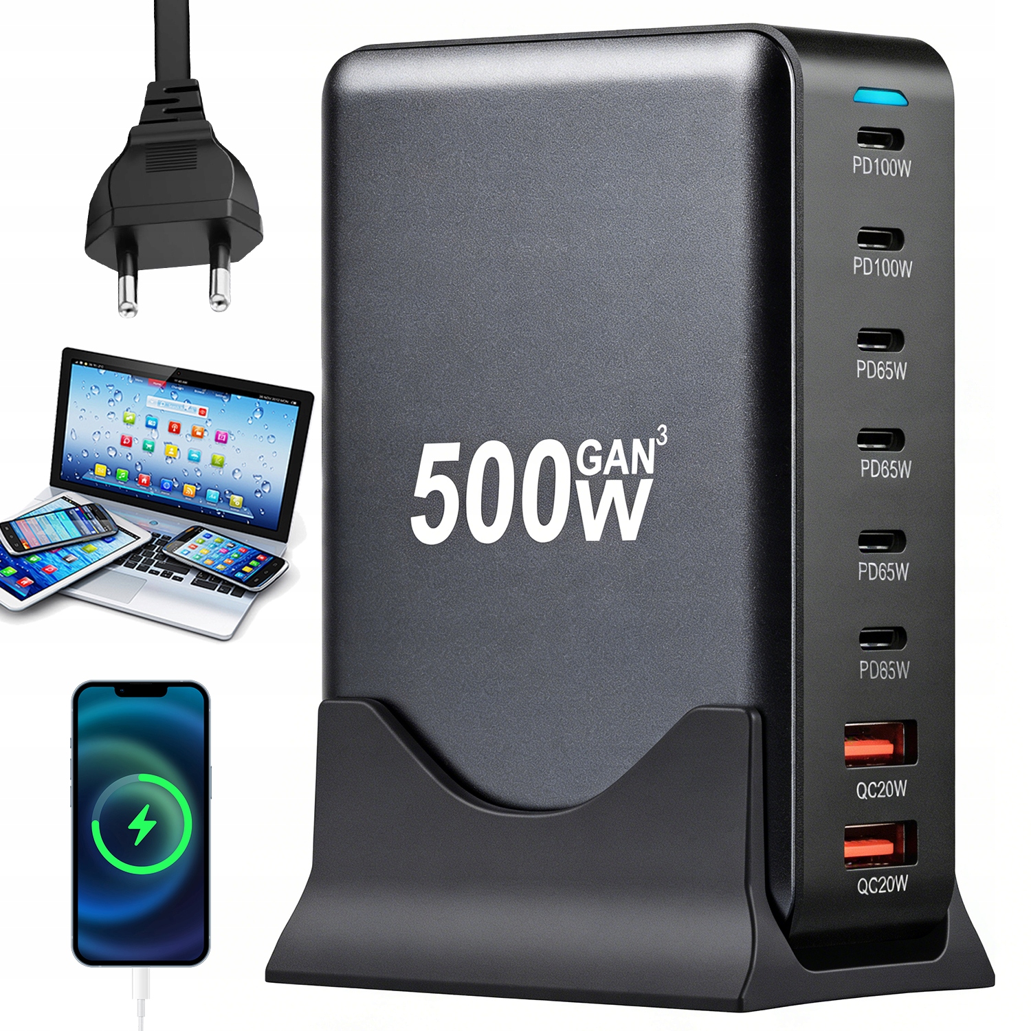 8W1 Mocna Ładowarka GaN Stacja Ładująca Biurkowa 8 Portów Usb-c Pd Qc