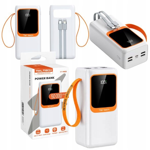 Výkonná Powerbanka Teltech 50 000 mAh 22.5W/5A s Kabely Usb-c a Lightning