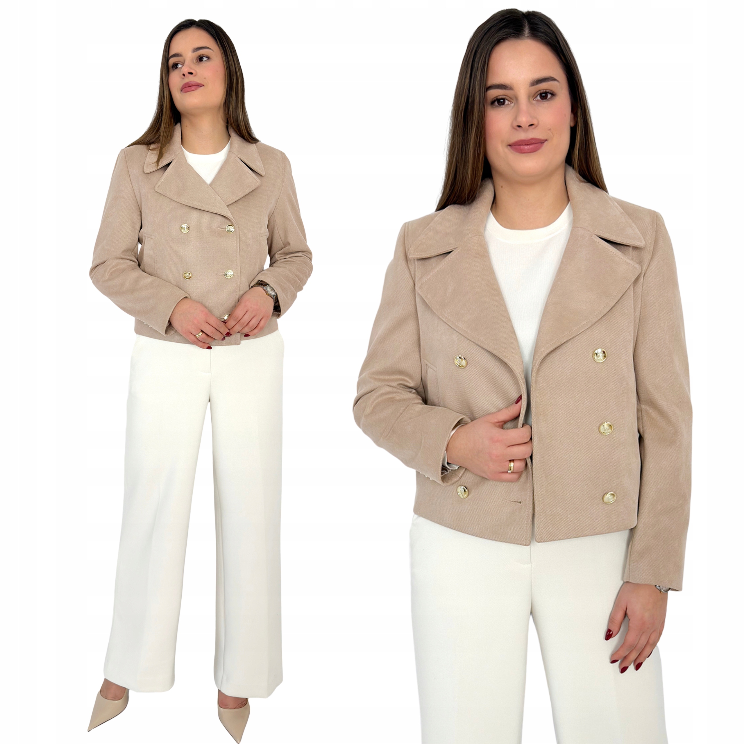 Elegantní krátký dvouřadý dámský jarní kabát Sabrina béžový Estodo