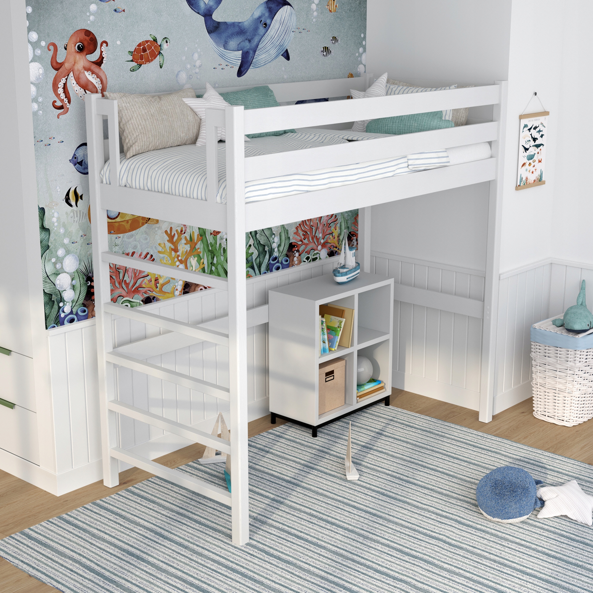 Łóżko piętrowe na antresoli drewniane N01 białe 90x190 Długość mebla 198 cm