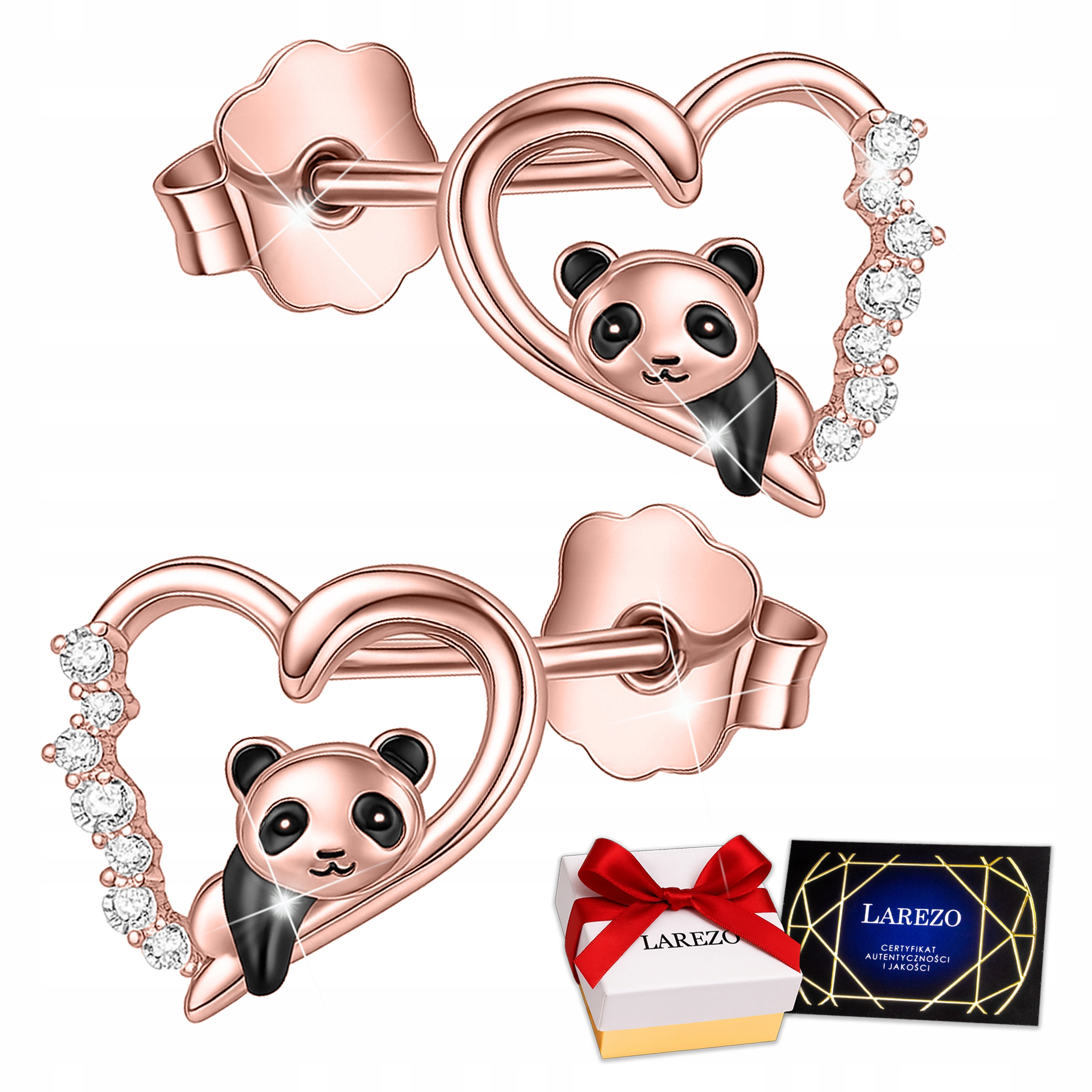 Náušnice Pozlacené Medvídek Panda Srdce Černé Pandy se Zirkony Stříbro 925