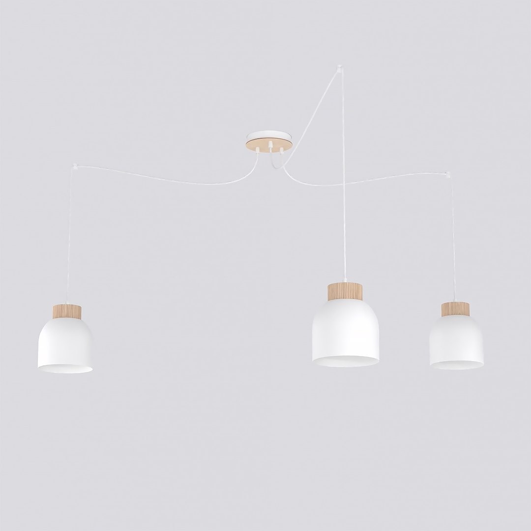 Závesná lampa Kru 3 kovovo-drevená, 3xE27, biela, škandinávsky štýl