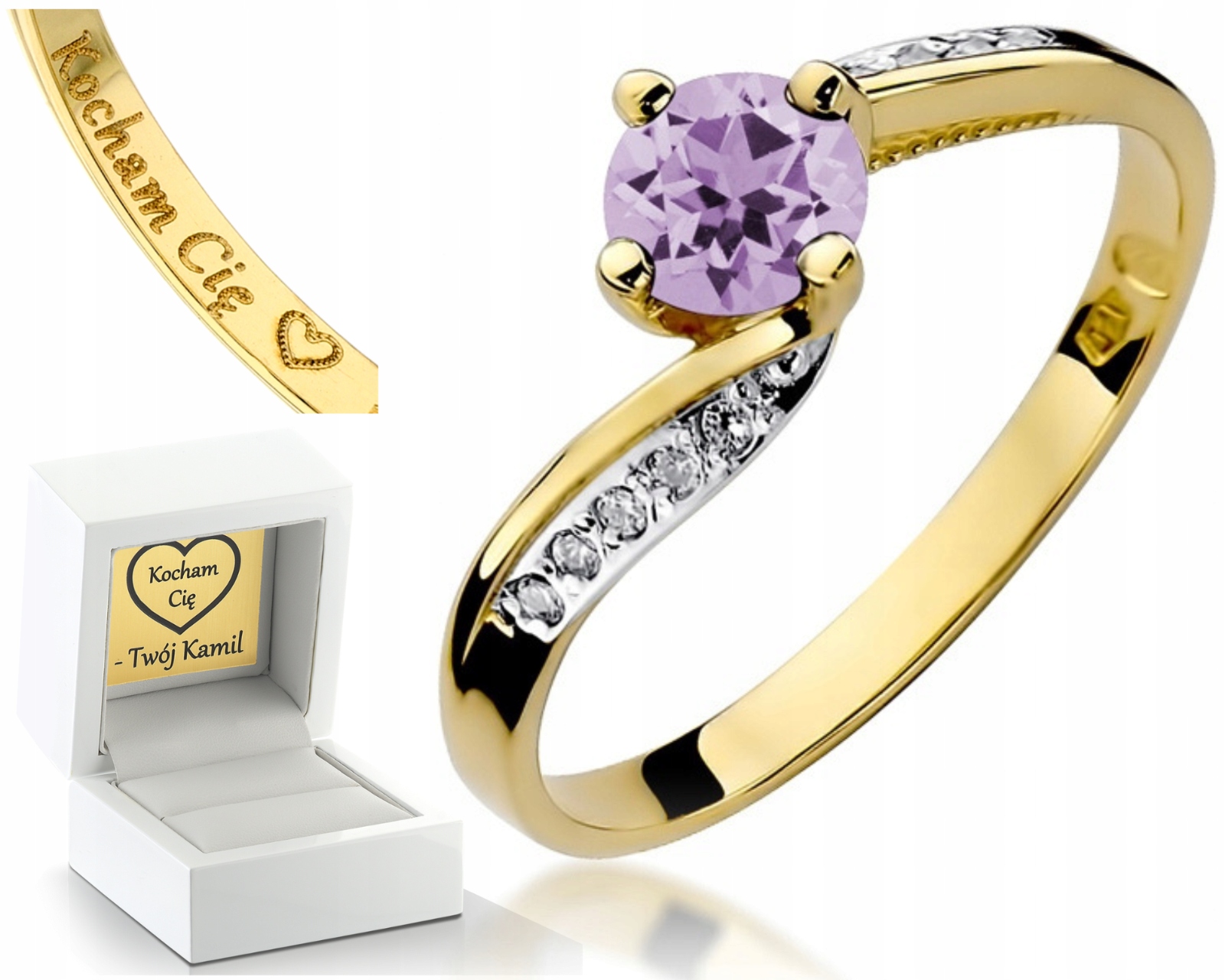 Prstýnek Ametyst Diamanty Gravírování Bonus 585