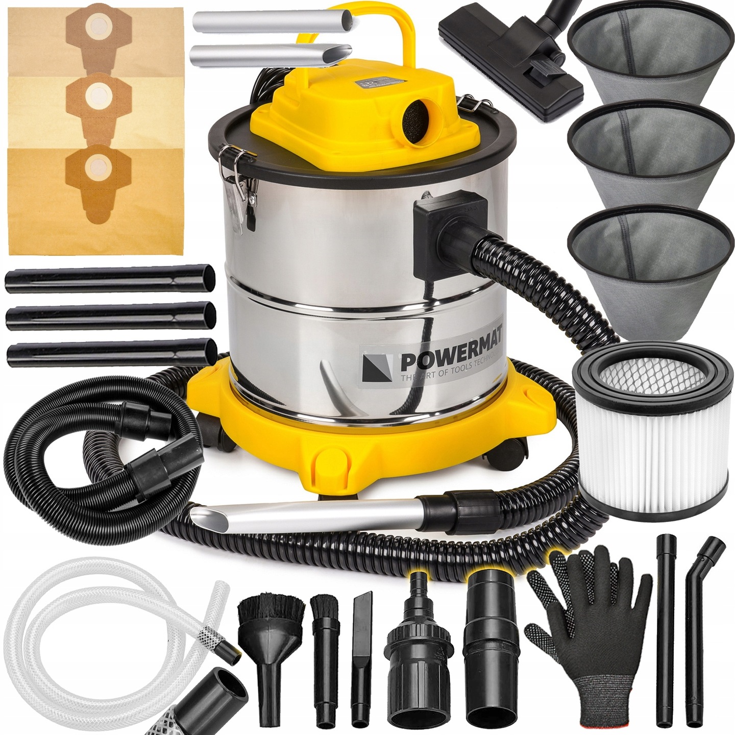Odkurzacz Przemysłowy Separator Popiołu Kominka Gruzu Pyłu Zestaw Ssawek XL