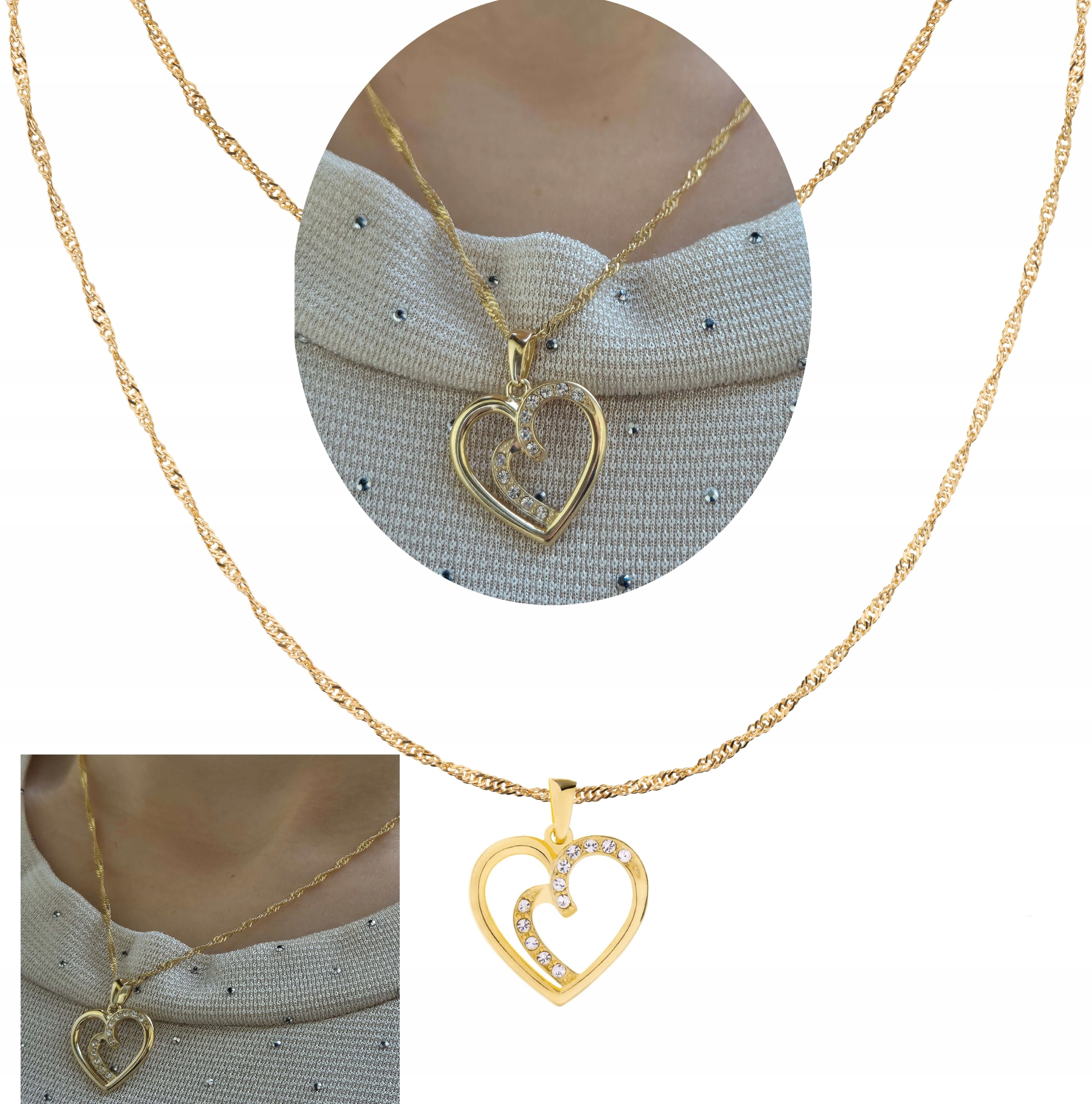 Set Stříbrný Řetízek Singpur Přívěsek Srdce Pozlacený Přívěsek 925