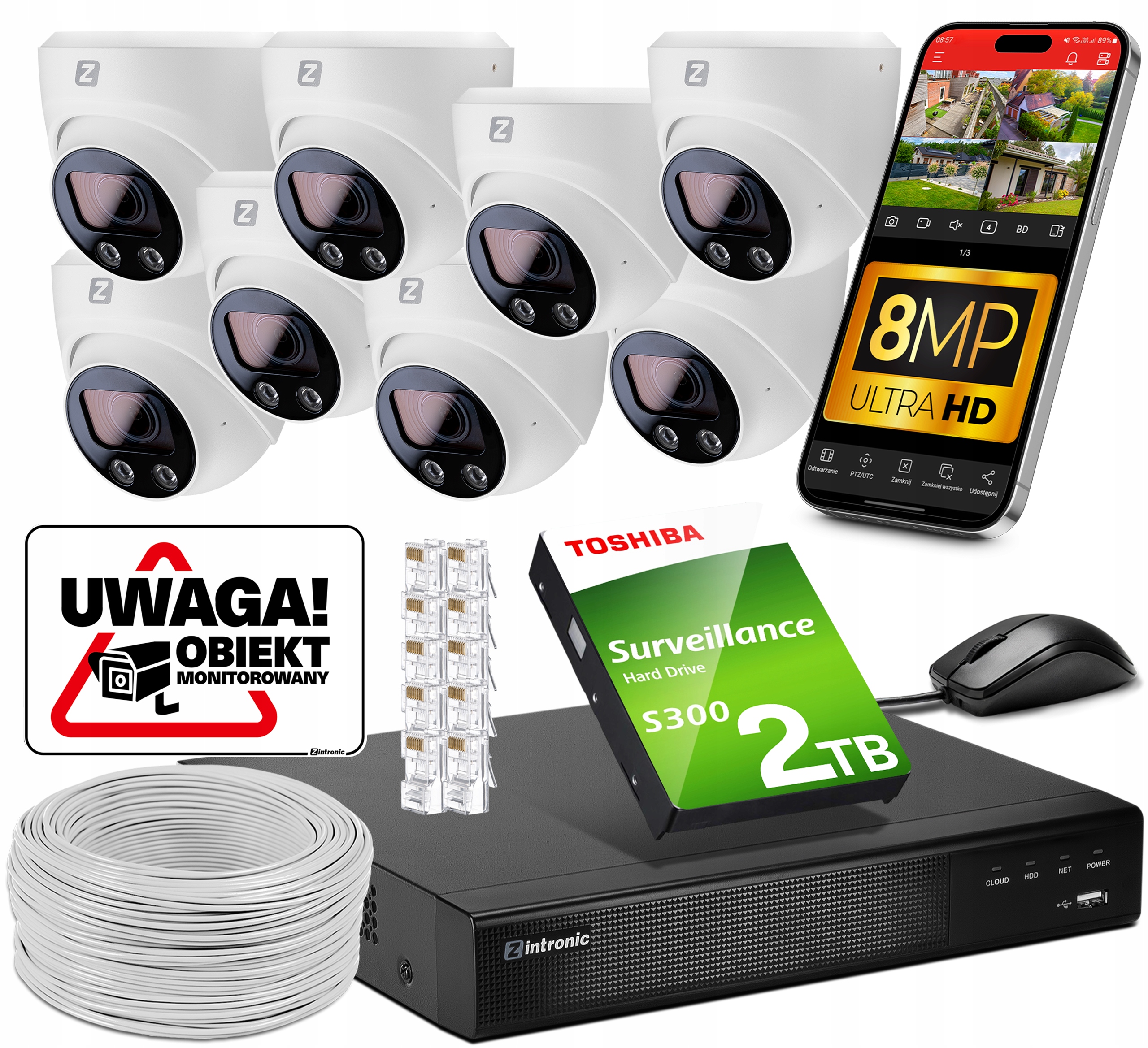 Sada 8 kamer pro Monitorování firmy Ip Poe 8 MPx 2TB Ir 30 m Ai detekce