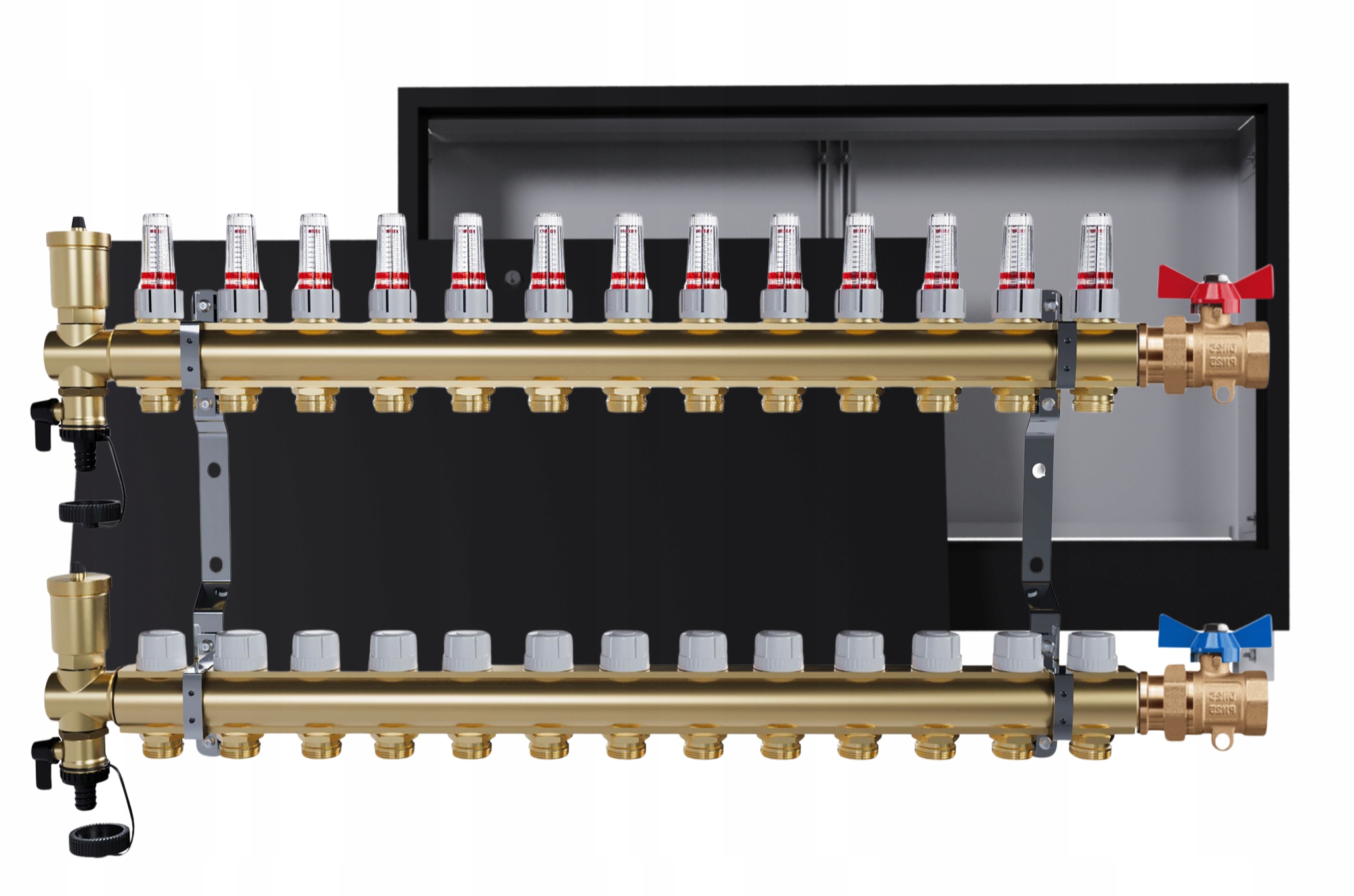 Rozdělovač podlahových krytin mosazný 13 obvodů skříňka černá jednoduchý ventil