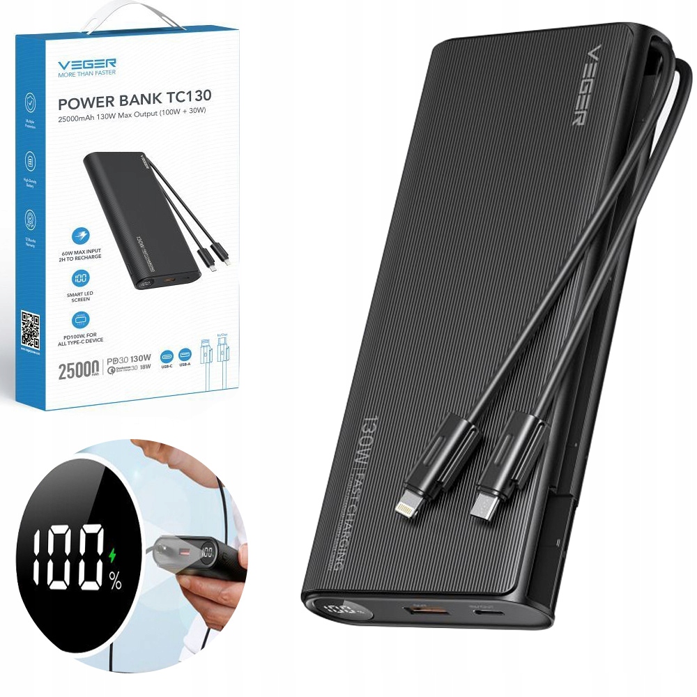 Powerbank 25000mAh szybkie ładowanie 130W telefon laptop Usb-c Pd Qc Veger