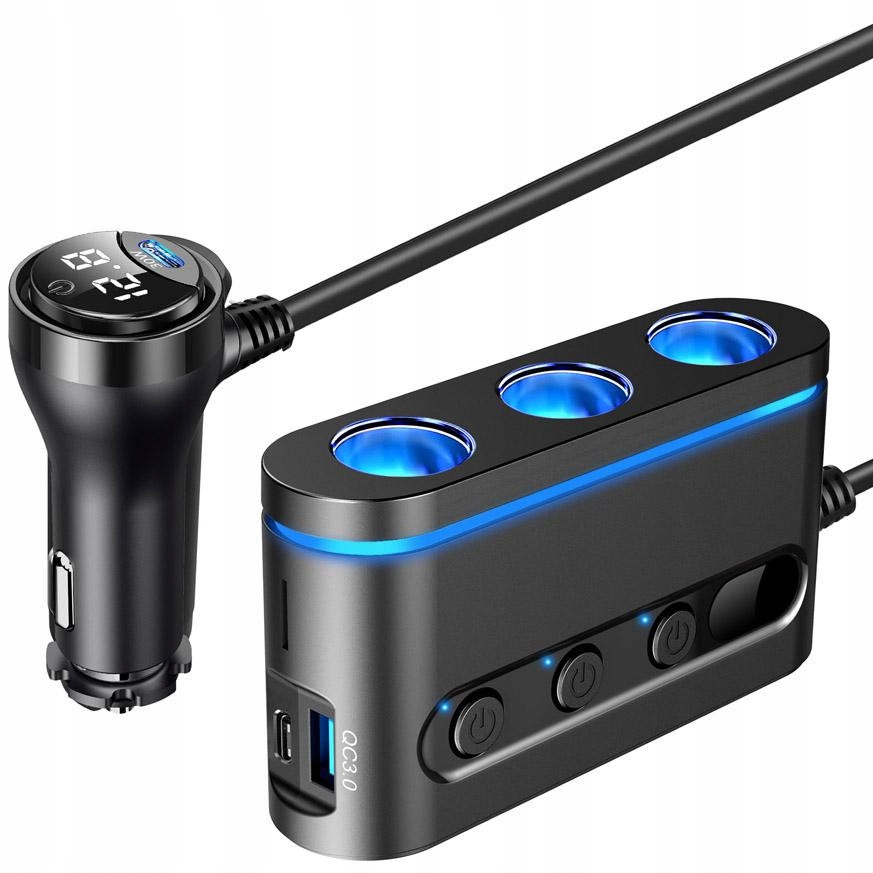 Samochodowy rozdzielacz 3x gniazdo zapalniczki +2x Usb-c Pd +usb woltomierz
