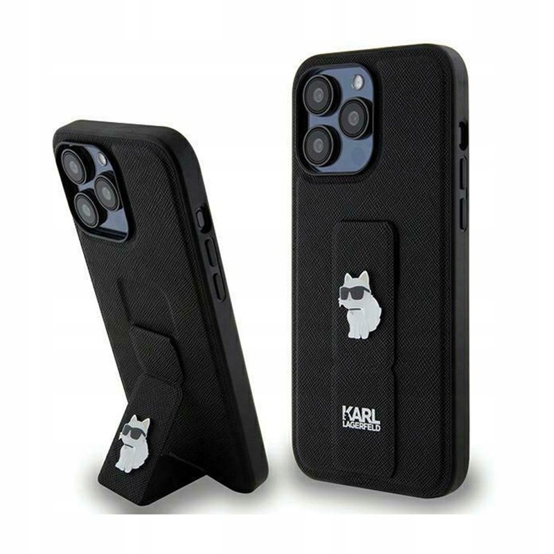 Karl Lagerfeld Gripstand Saffiano Choupette Pins Pouzdro pro iPhone 13 Pro (černé)