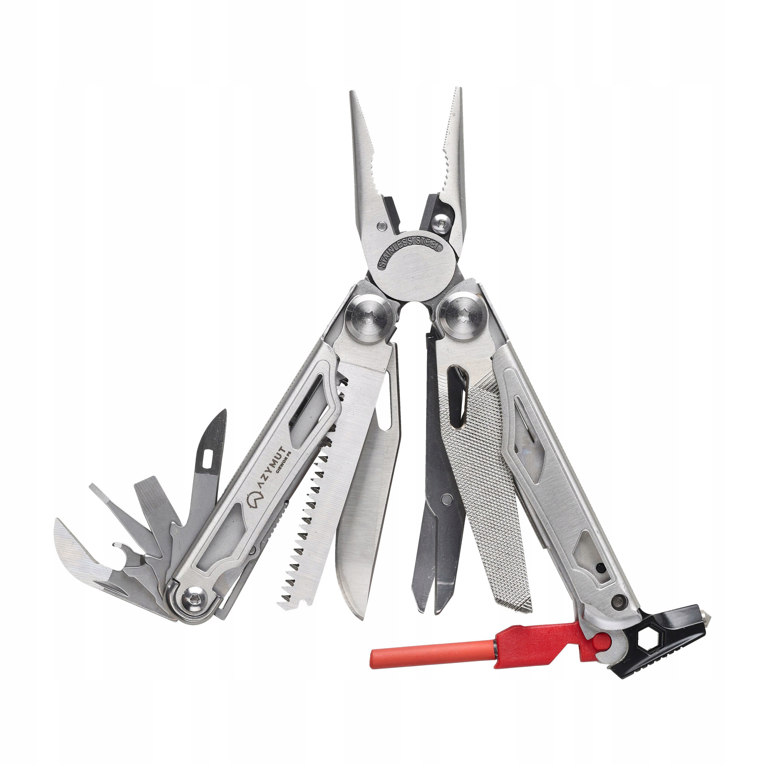 Multitool AZYMUT Giewon FS - Fire Starter - 19 narzędzi - krzesiwo + gwizdek + kabura do pasa (H2038A)