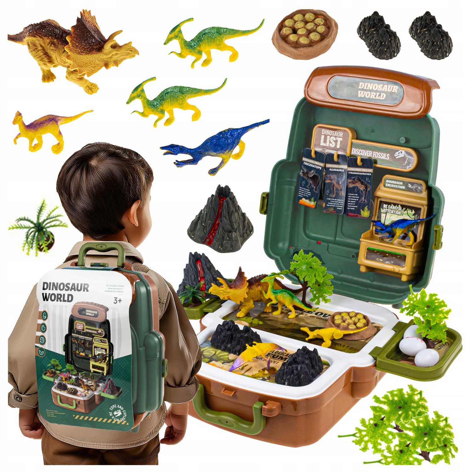 NAGY DINOSZAURUSZ TOJÁS FIGURA SZETT BŐRÖND HÁTIZSÁK VULKÁN DINOSZAURUSZOK XXXL